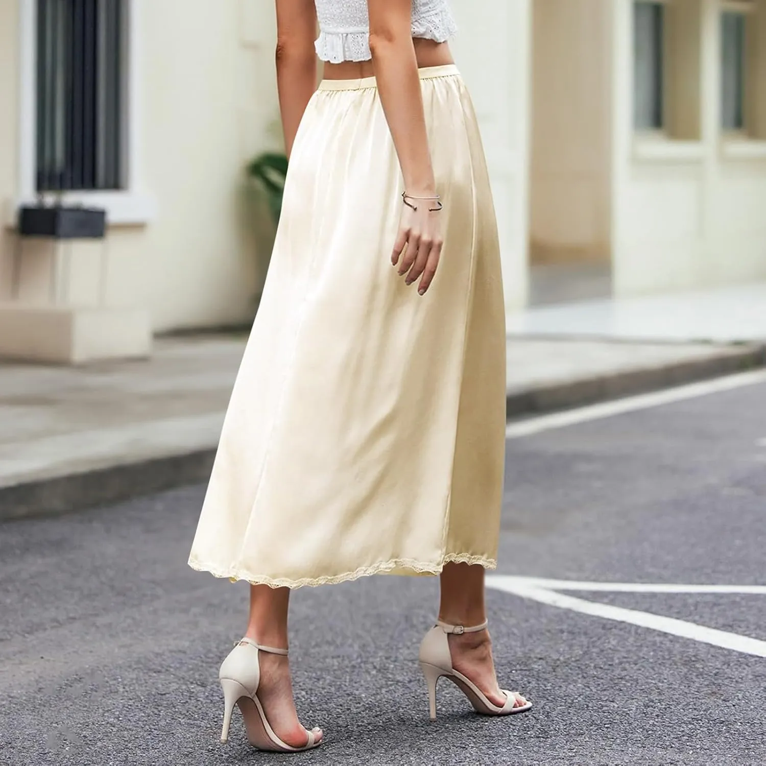 Women's Satin Half Slip Lace Long Underskirt Skirt Slip High Waisted Long Slips for Dresses Lingerie Long Skirt