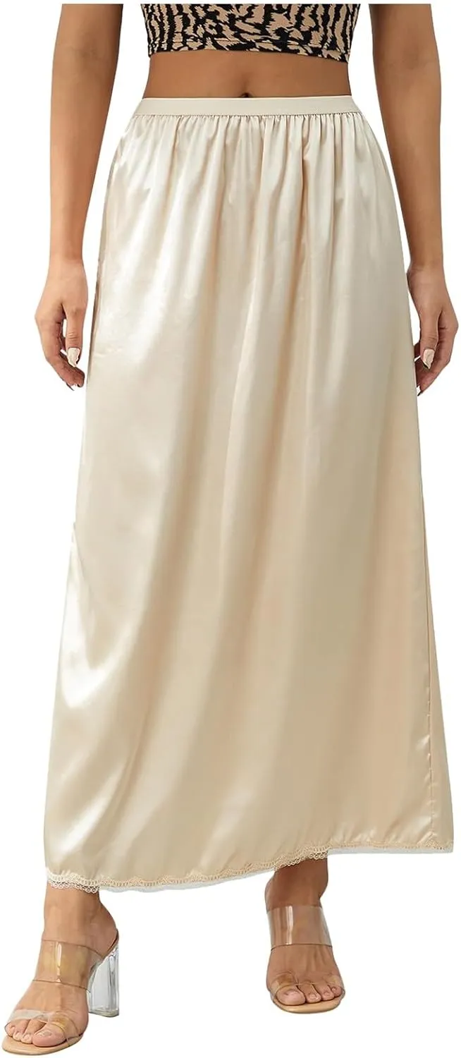 Women's Satin Half Slip Lace Long Underskirt Skirt Slip High Waisted Long Slips for Dresses Lingerie Long Skirt