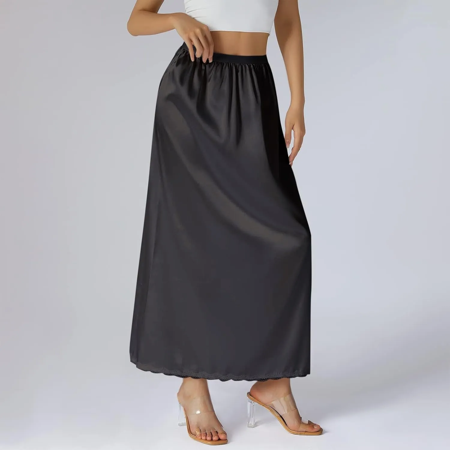 Women's Satin Half Slip Lace Long Underskirt Skirt Slip High Waisted Long Slips for Dresses Lingerie Long Skirt