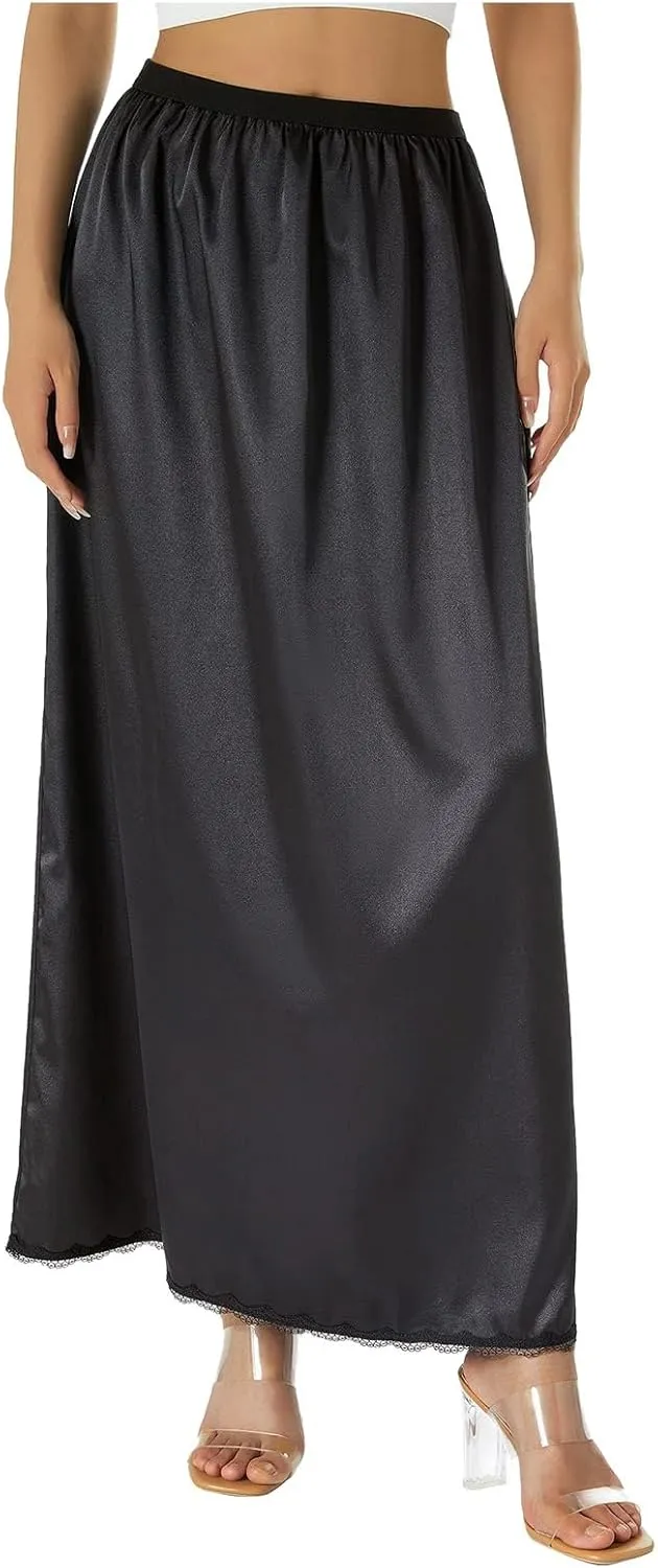 Women's Satin Half Slip Lace Long Underskirt Skirt Slip High Waisted Long Slips for Dresses Lingerie Long Skirt