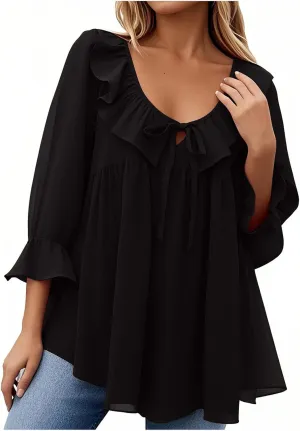 Womens Scoop Neck 3/4 Length Sleeve Tops Casual Tie Front Ruffle Tiered Loose Tunic Shirts Blouses Summer Outfits