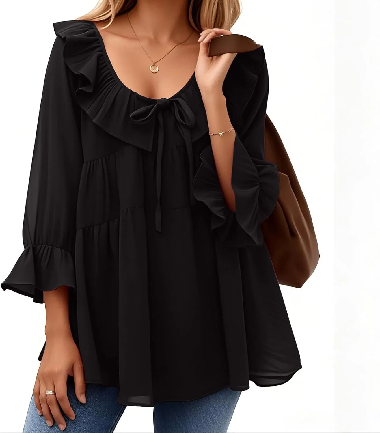 Womens Scoop Neck 3/4 Length Sleeve Tops Casual Tie Front Ruffle Tiered Loose Tunic Shirts Blouses Summer Outfits