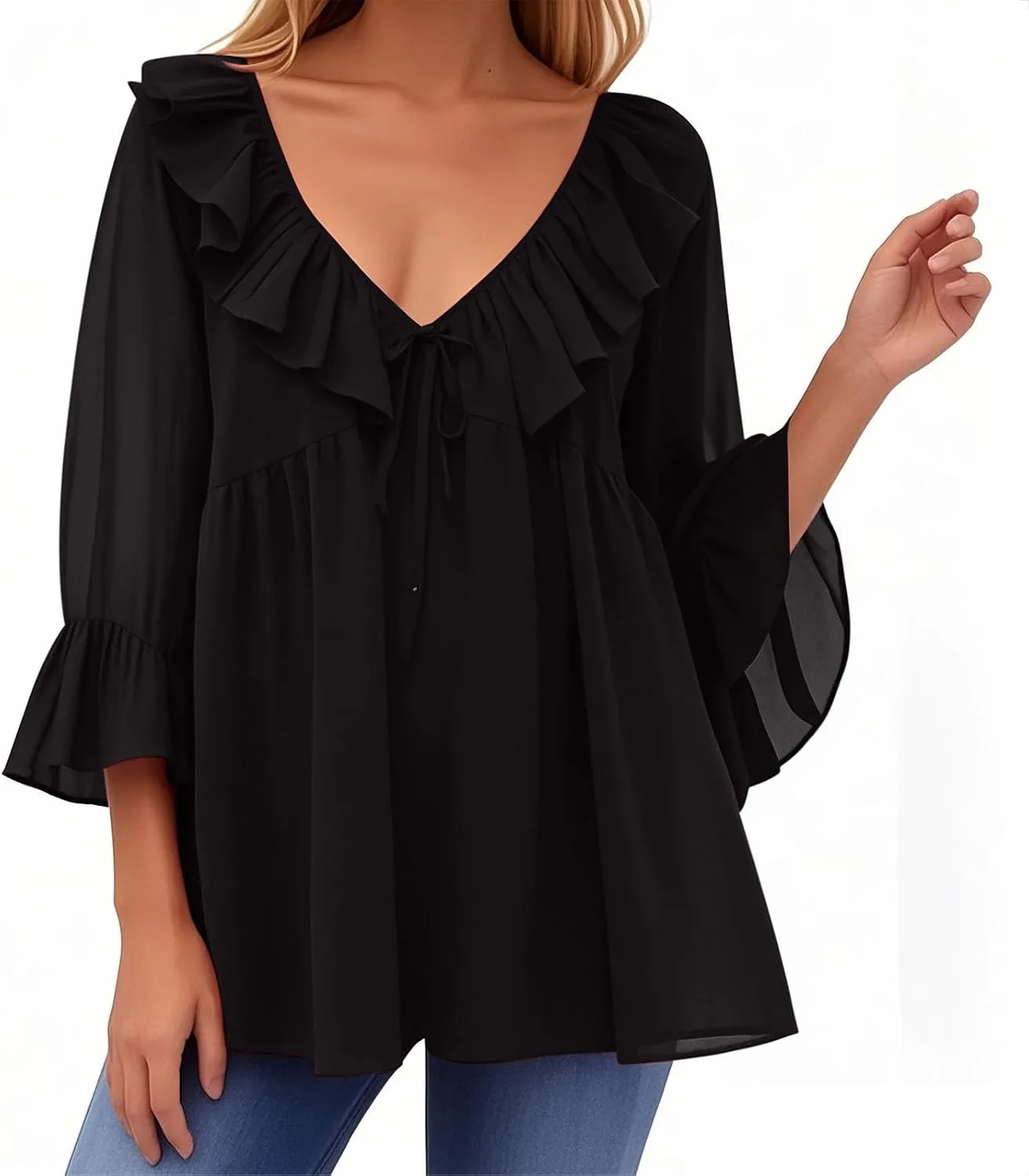 Womens Scoop Neck 3/4 Length Sleeve Tops Casual Tie Front Ruffle Tiered Loose Tunic Shirts Blouses Summer Outfits