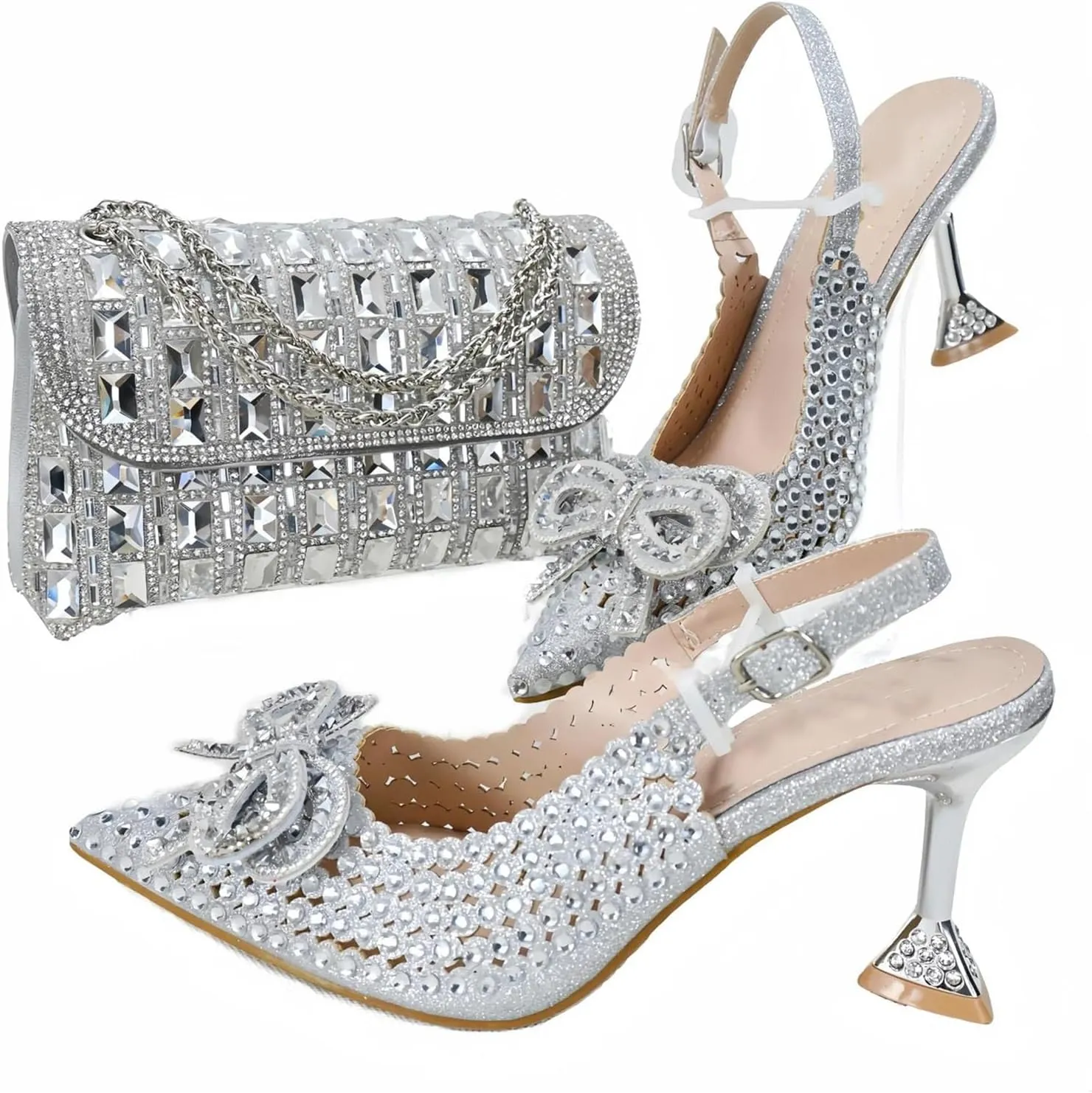 Women's Silver Italian Mature Pumps & Clutch - Elegance for Weddings
