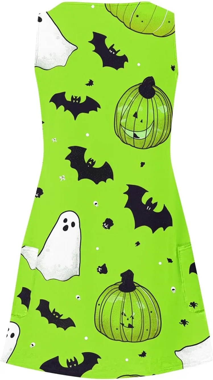 Women's Sleeveless Halloween Mini Dress Crew Neck Pumpkins Ghost Printing Cute Fashion Casual Dresses
