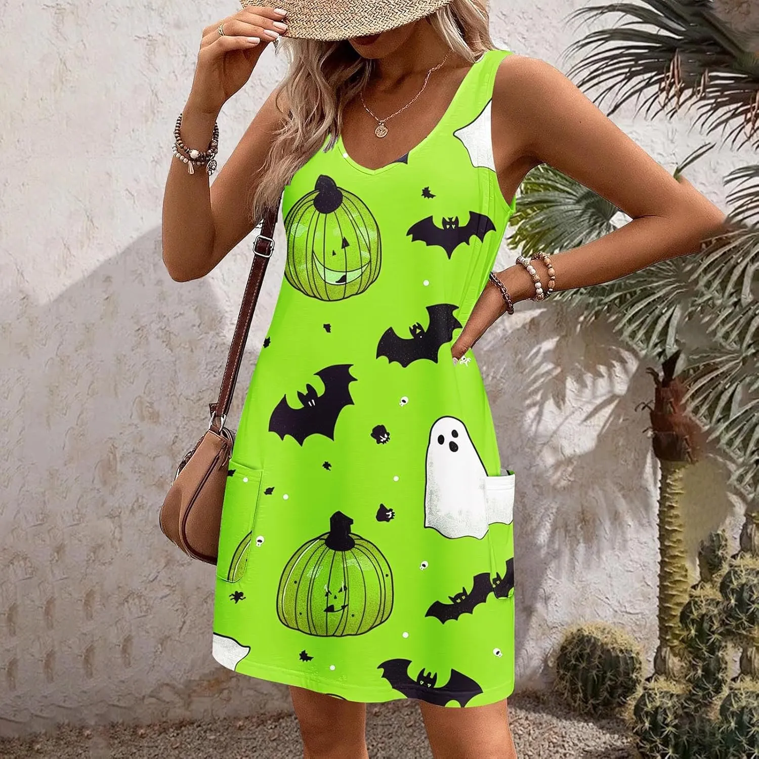 Women's Sleeveless Halloween Mini Dress Crew Neck Pumpkins Ghost Printing Cute Fashion Casual Dresses
