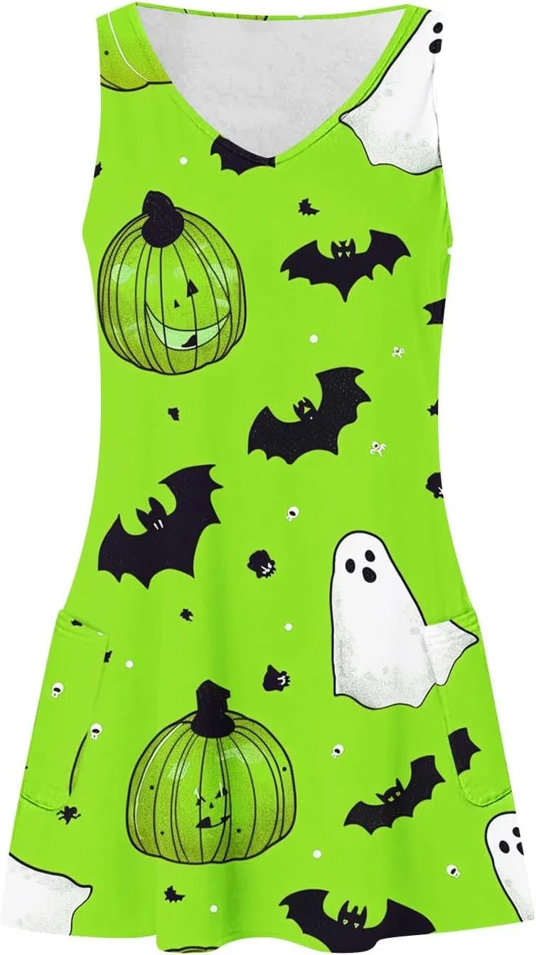 Women's Sleeveless Halloween Mini Dress Crew Neck Pumpkins Ghost Printing Cute Fashion Casual Dresses