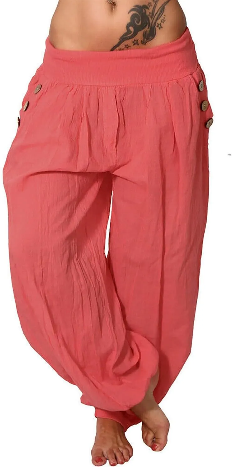 Women's Solid Color Elastic High Waist Bottom Cinch Pants Summer Lightweight Cotton Linene Casual Wide Leg Trousers