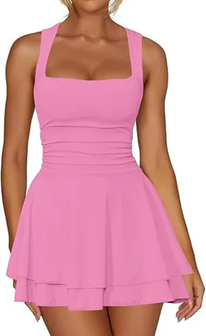 Women's Square Neck Ruffle Hem Mini Dress Ruched Waist Flowy Loose Relaxed Fit Short Trendy Comfy Soft Party Dresses