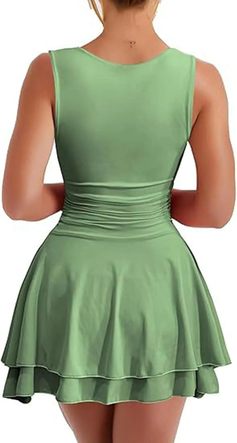 Women's Square Neck Ruffle Hem Mini Dress Ruched Waist Flowy Loose Relaxed Fit Short Trendy Comfy Soft Party Dresses