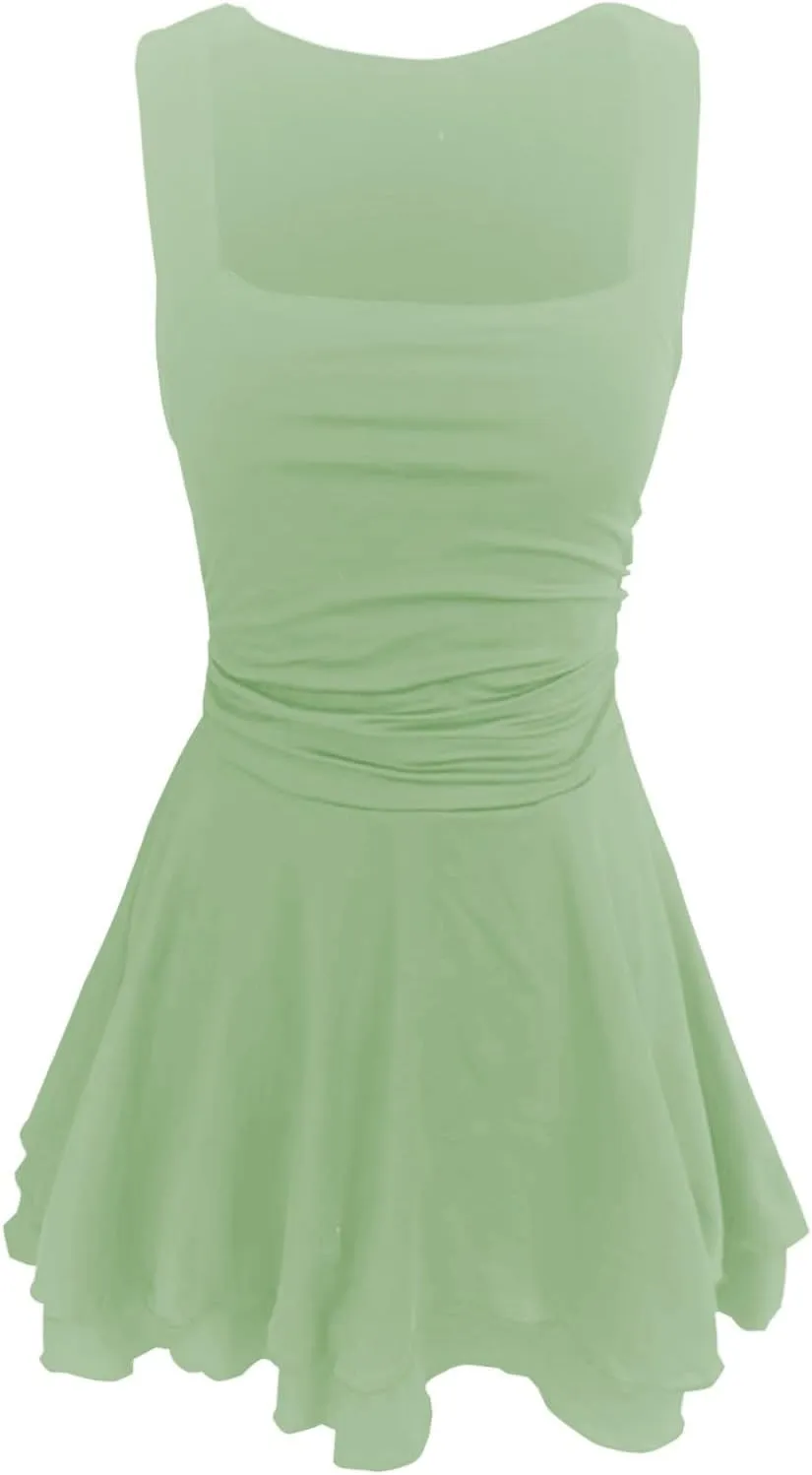 Women's Square Neck Ruffle Hem Mini Dress Ruched Waist Flowy Loose Relaxed Fit Short Trendy Comfy Soft Party Dresses