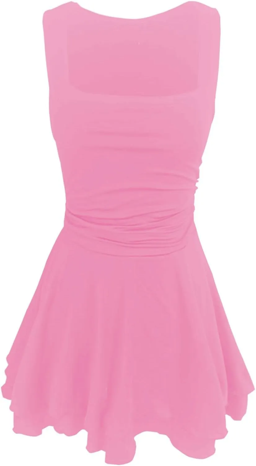 Women's Square Neck Ruffle Hem Mini Dress Ruched Waist Flowy Loose Relaxed Fit Short Trendy Comfy Soft Party Dresses