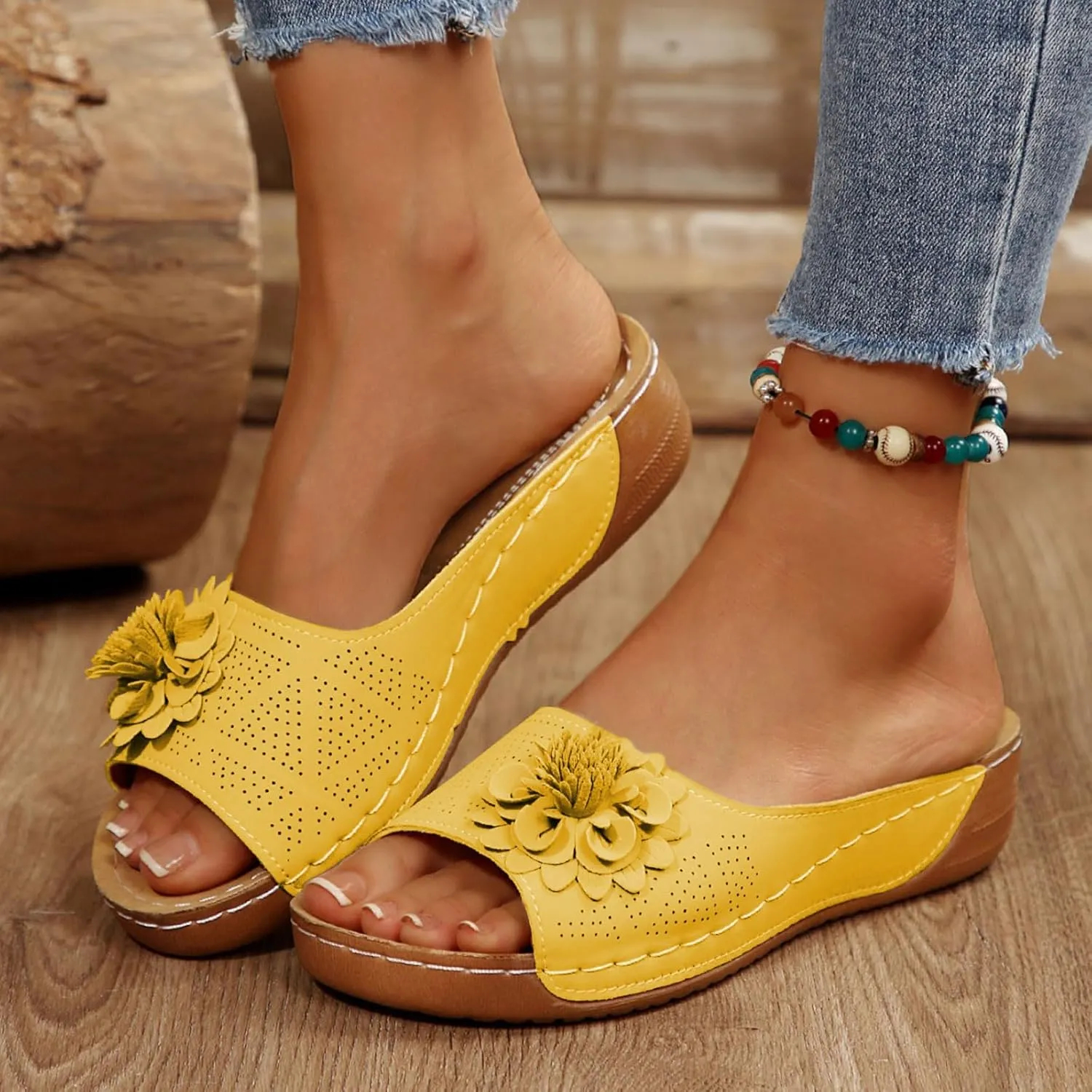 Womens Summer Beach Sandals Wedge Low Open Toe Slides Ladies Dressy Slipper Platform Comfortable Arch Support Sandal Orthopedic Walking Orthopedic Slip On Shoes Wide Width Outdoor Slippers