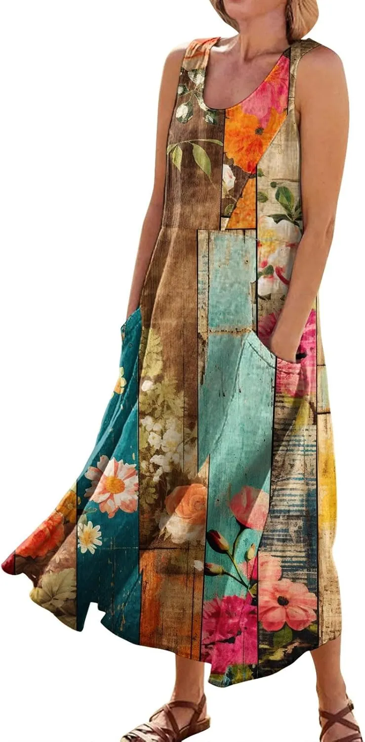 Womens Summer Dresses Sleeveless Floral Print Boho Dress U Neck A-Line Sundress Trendy Beach Dress with Pockets