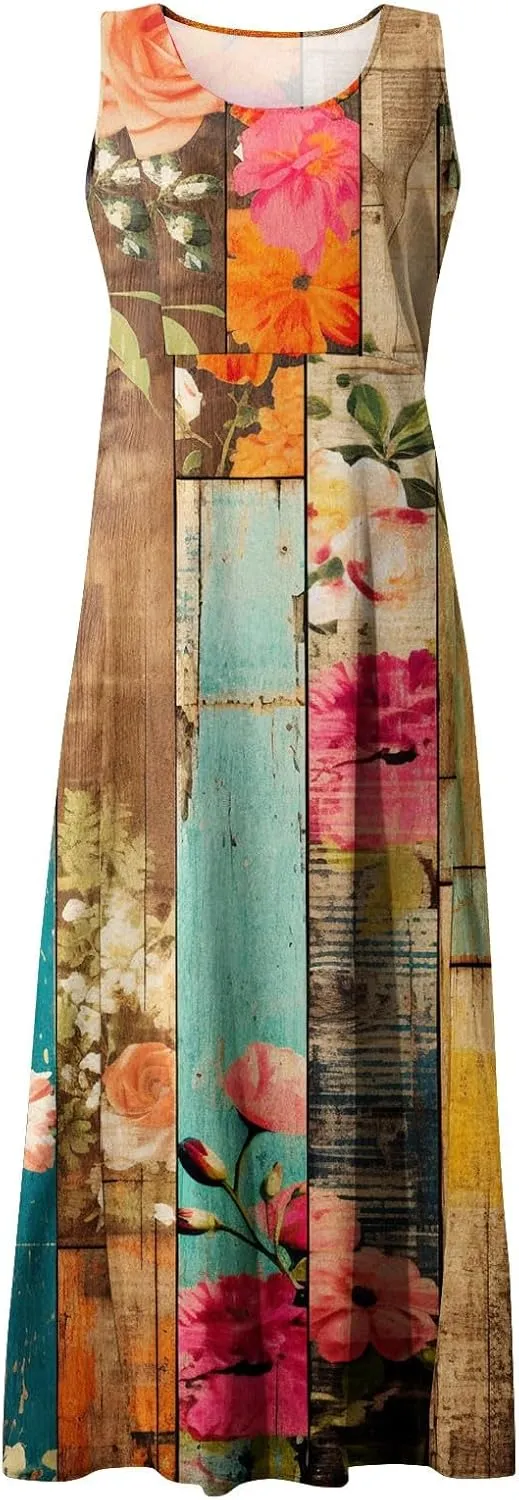 Womens Summer Dresses Sleeveless Floral Print Boho Dress U Neck A-Line Sundress Trendy Beach Dress with Pockets
