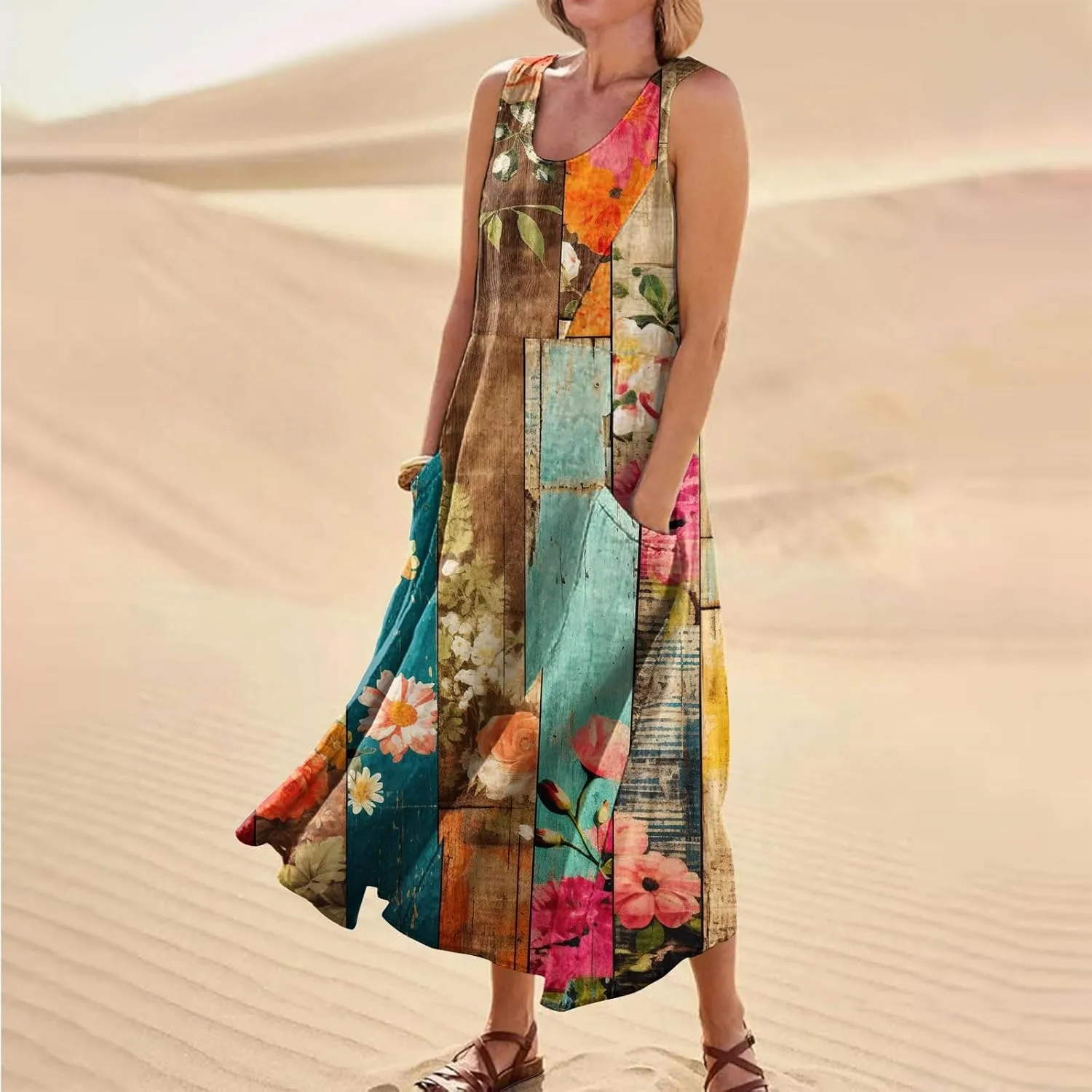 Womens Summer Dresses Sleeveless Floral Print Boho Dress U Neck A-Line Sundress Trendy Beach Dress with Pockets