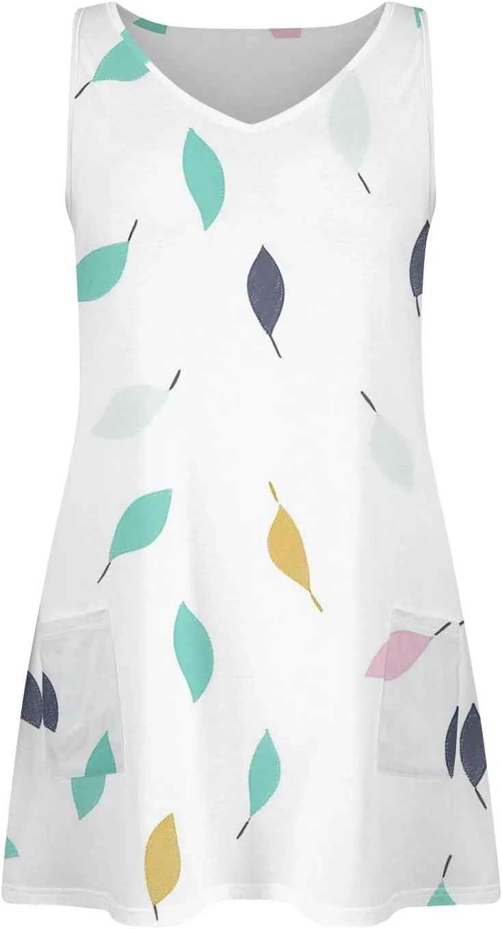 Women's Summer Dresses Summer Casual V Neck Sundresses Boho Tank Dress Beach Vacation Clothes with Pockets