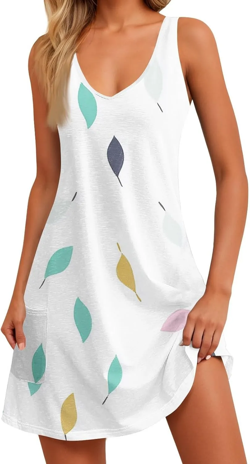 Women's Summer Dresses Summer Casual V Neck Sundresses Boho Tank Dress Beach Vacation Clothes with Pockets