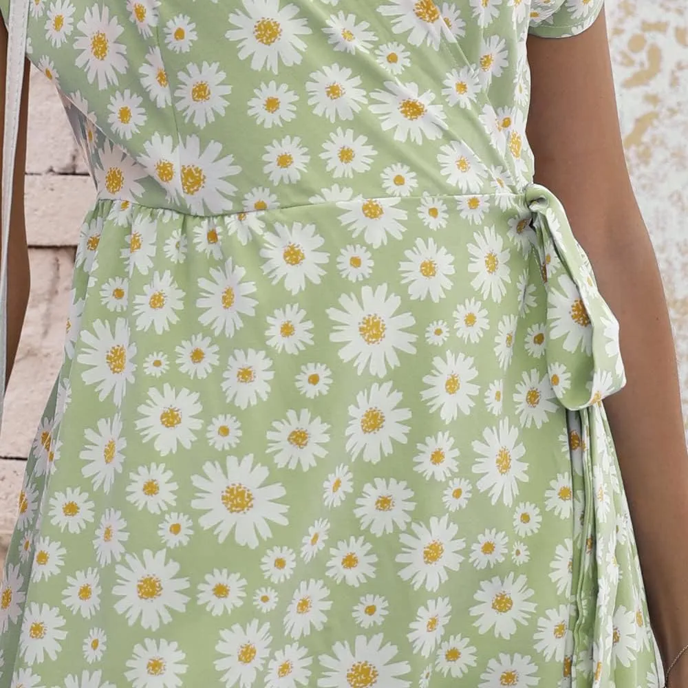 Womens Summer Floral Print Dress Wrap V Neck Short Sleeve A Line Mini Dress Tie Waist Ruffle Split Hem Midi Dress