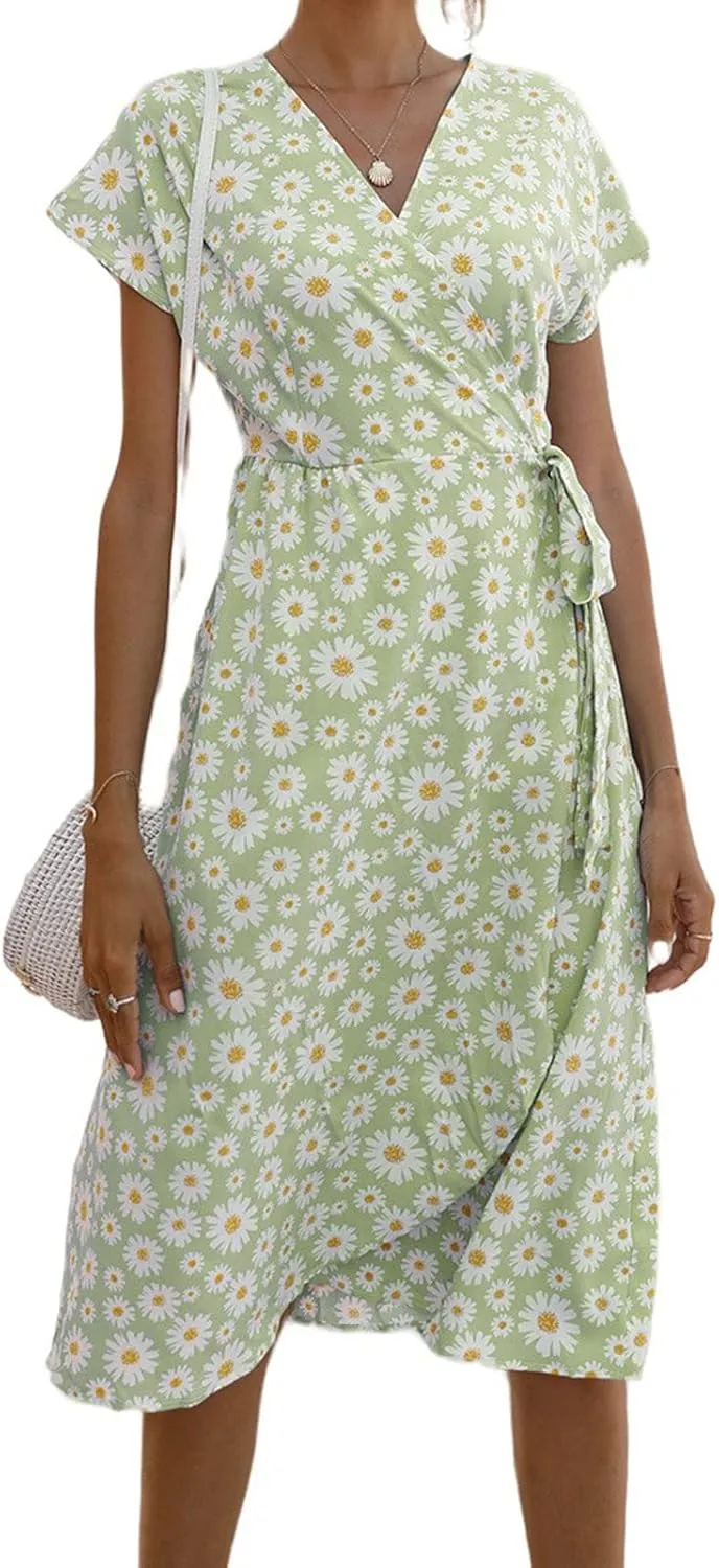 Womens Summer Floral Print Dress Wrap V Neck Short Sleeve A Line Mini Dress Tie Waist Ruffle Split Hem Midi Dress