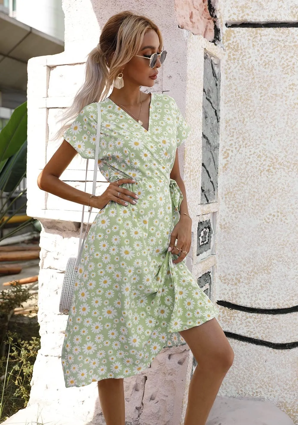 Womens Summer Floral Print Dress Wrap V Neck Short Sleeve A Line Mini Dress Tie Waist Ruffle Split Hem Midi Dress
