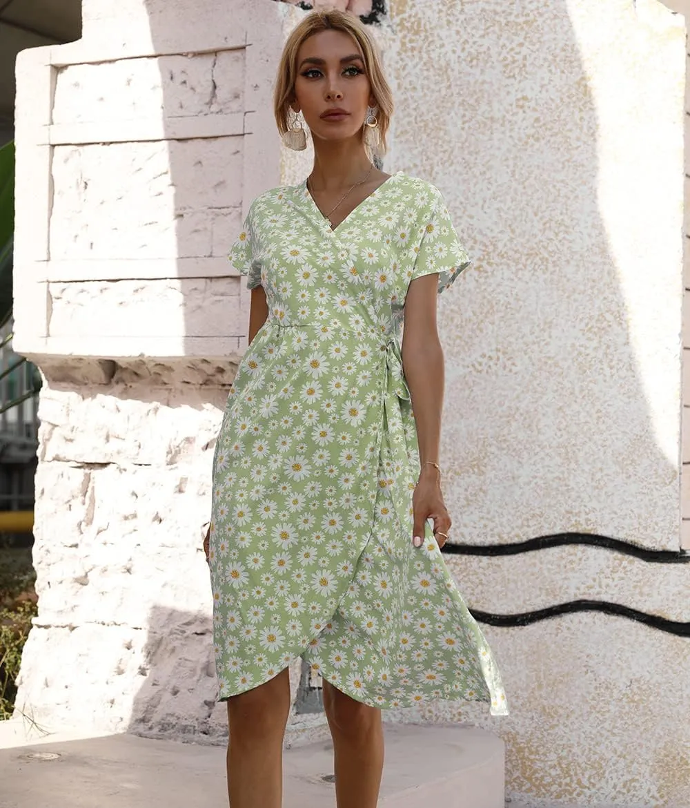 Womens Summer Floral Print Dress Wrap V Neck Short Sleeve A Line Mini Dress Tie Waist Ruffle Split Hem Midi Dress
