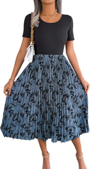 Women's Top with Floral Print Pleated Midi Skirt Dress, Casual Party Evening Sundresses