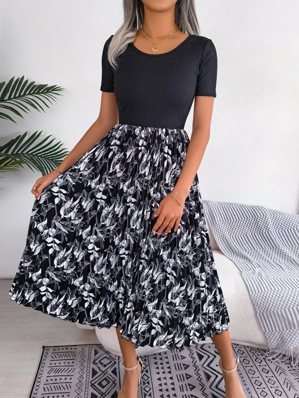 Women's Top with Floral Print Pleated Midi Skirt Dress, Casual Party Evening Sundresses