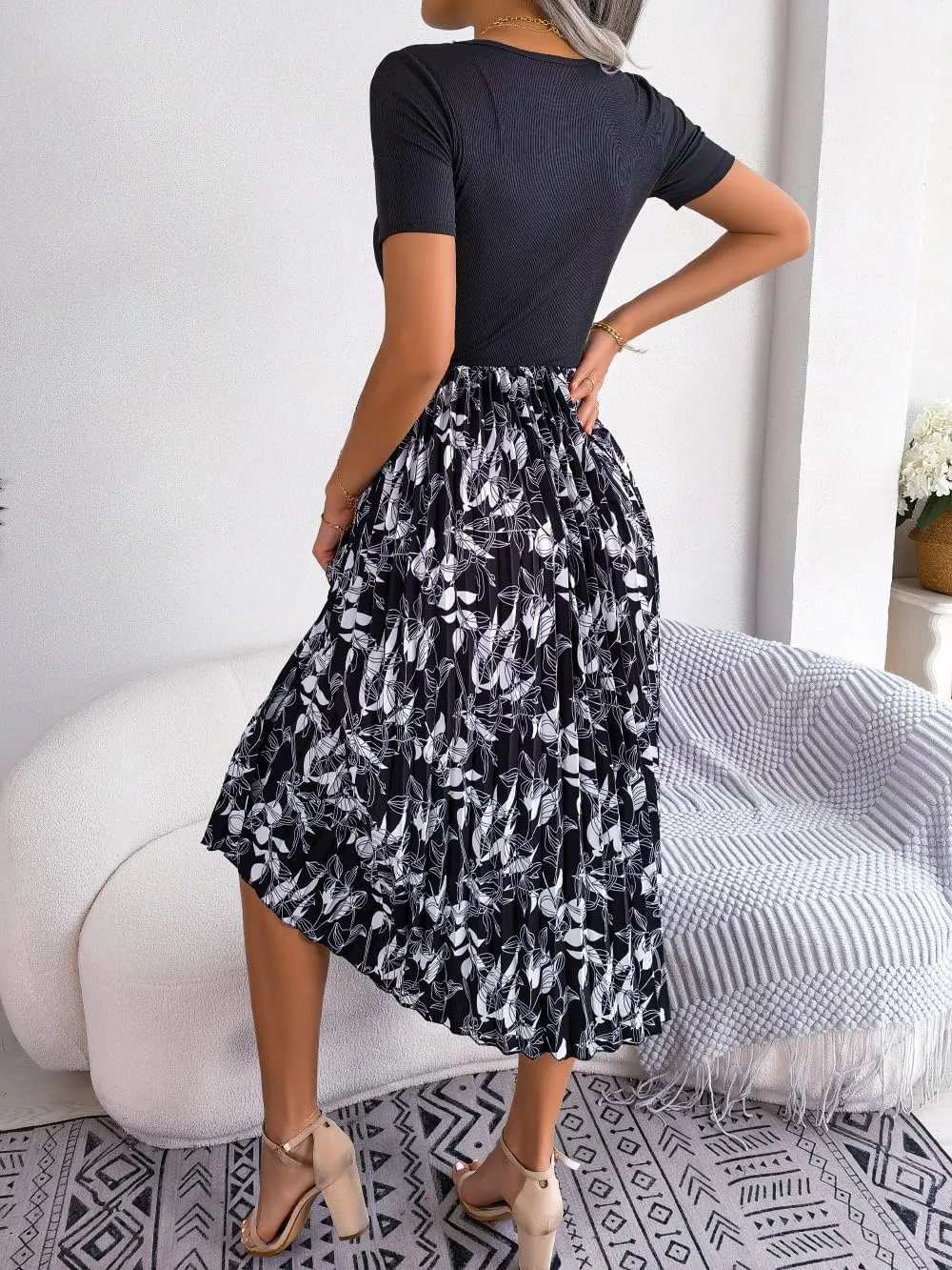Women's Top with Floral Print Pleated Midi Skirt Dress, Casual Party Evening Sundresses