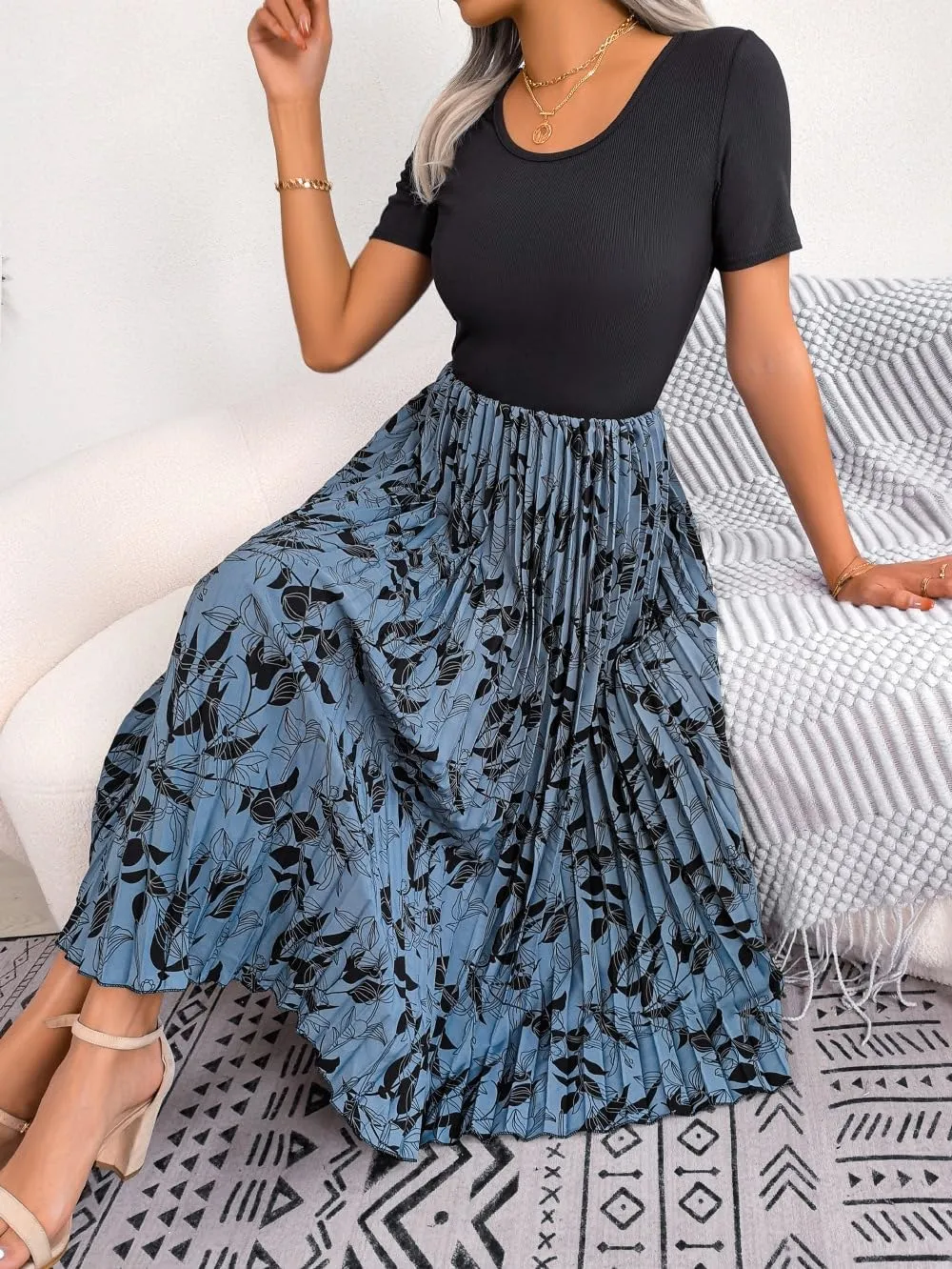Women's Top with Floral Print Pleated Midi Skirt Dress, Casual Party Evening Sundresses