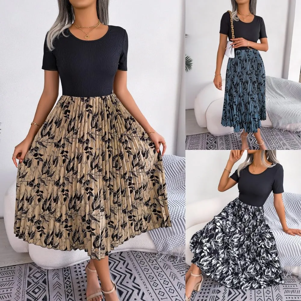 Women's Top with Floral Print Pleated Midi Skirt Dress, Casual Party Evening Sundresses