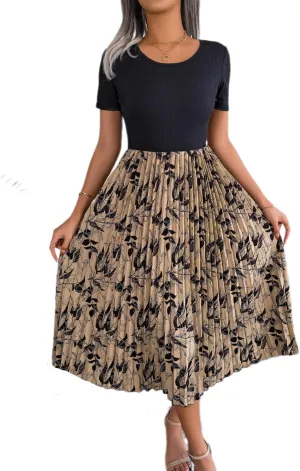 Women's Top with Floral Print Pleated Midi Skirt Dress, Casual Party Evening Sundresses