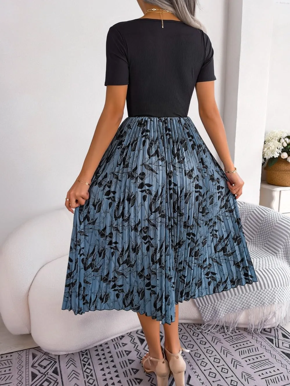 Women's Top with Floral Print Pleated Midi Skirt Dress, Casual Party Evening Sundresses