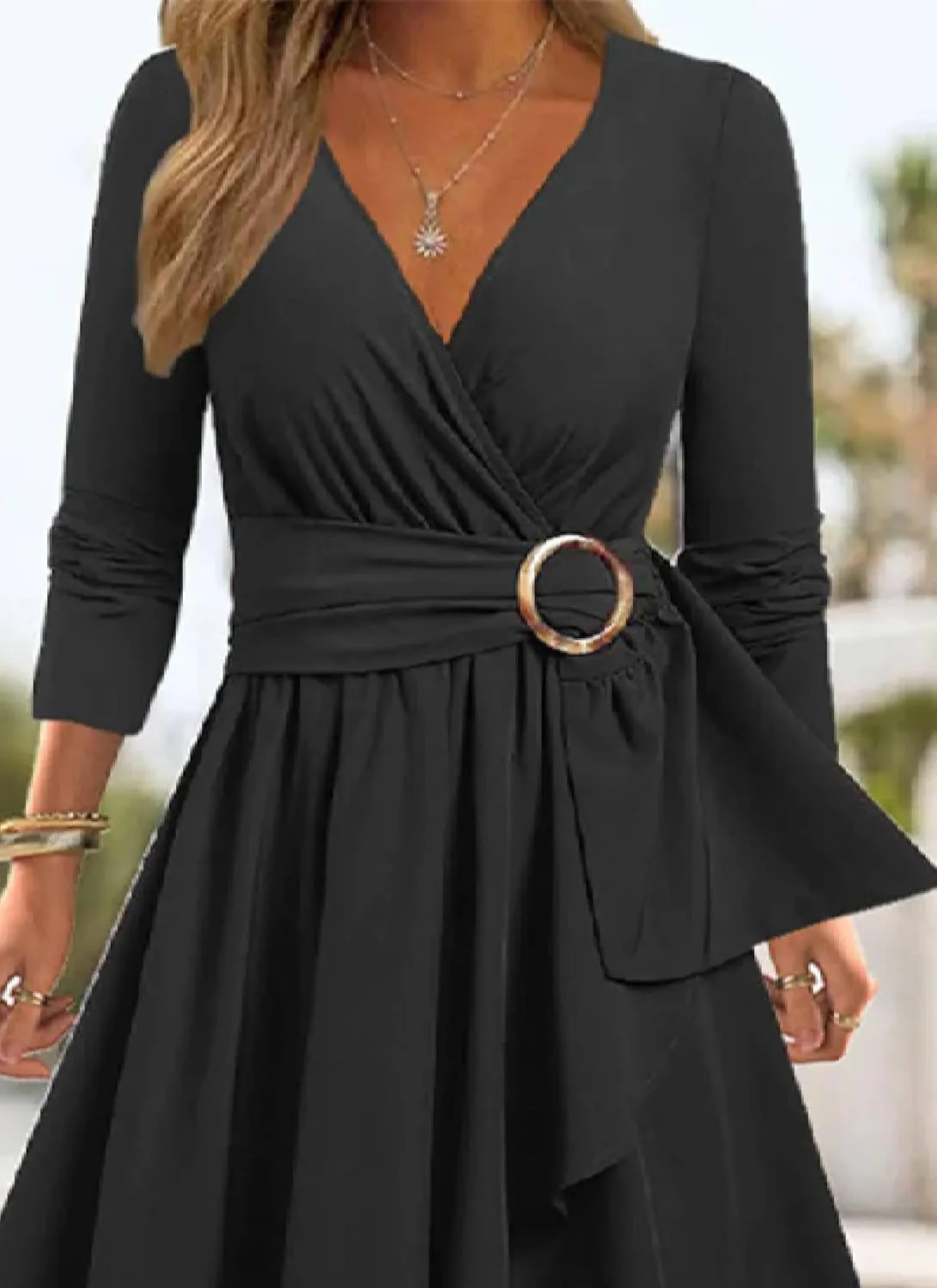 Women's V-Neck Formal Dresses Long Sleeve Modest Church Fit Cocktail Dress with Belt Casual Party Wedding Guest Dress
