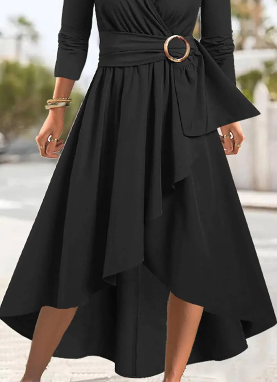Women's V-Neck Formal Dresses Long Sleeve Modest Church Fit Cocktail Dress with Belt Casual Party Wedding Guest Dress