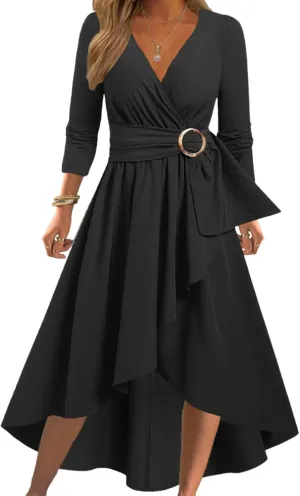 Women's V-Neck Formal Dresses Long Sleeve Modest Church Fit Cocktail Dress with Belt Casual Party Wedding Guest Dress