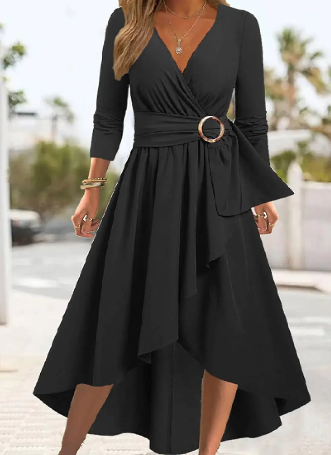 Women's V-Neck Formal Dresses Long Sleeve Modest Church Fit Cocktail Dress with Belt Casual Party Wedding Guest Dress