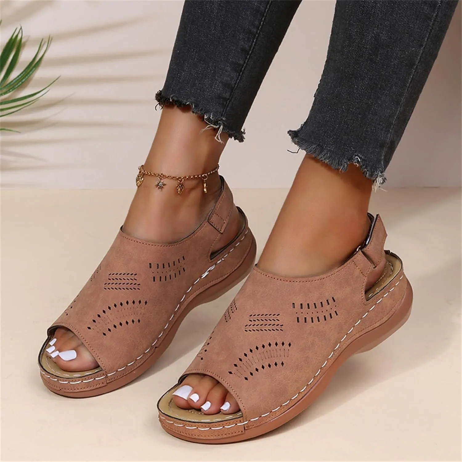 Womens Wedge Sandals Flower Low Heel Dressy Sandal Summer Ankle Strap Open Toe Hollow Buckle Wedges Platform Sandal Walking Casual Comfortable Flat Fishmouth Shoes with Adjustable Hook Loop