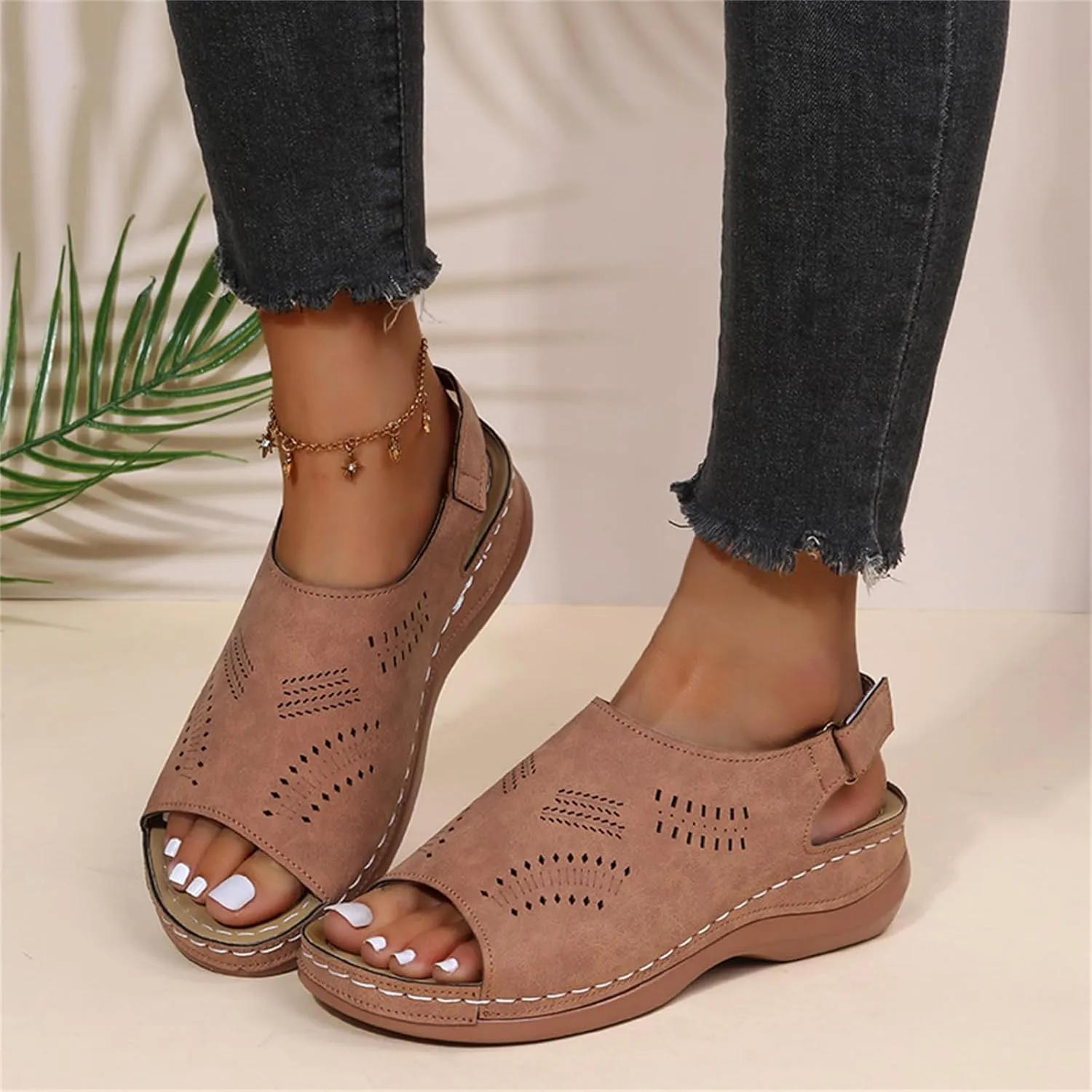 Womens Wedge Sandals Flower Low Heel Dressy Sandal Summer Ankle Strap Open Toe Hollow Buckle Wedges Platform Sandal Walking Casual Comfortable Flat Fishmouth Shoes with Adjustable Hook Loop