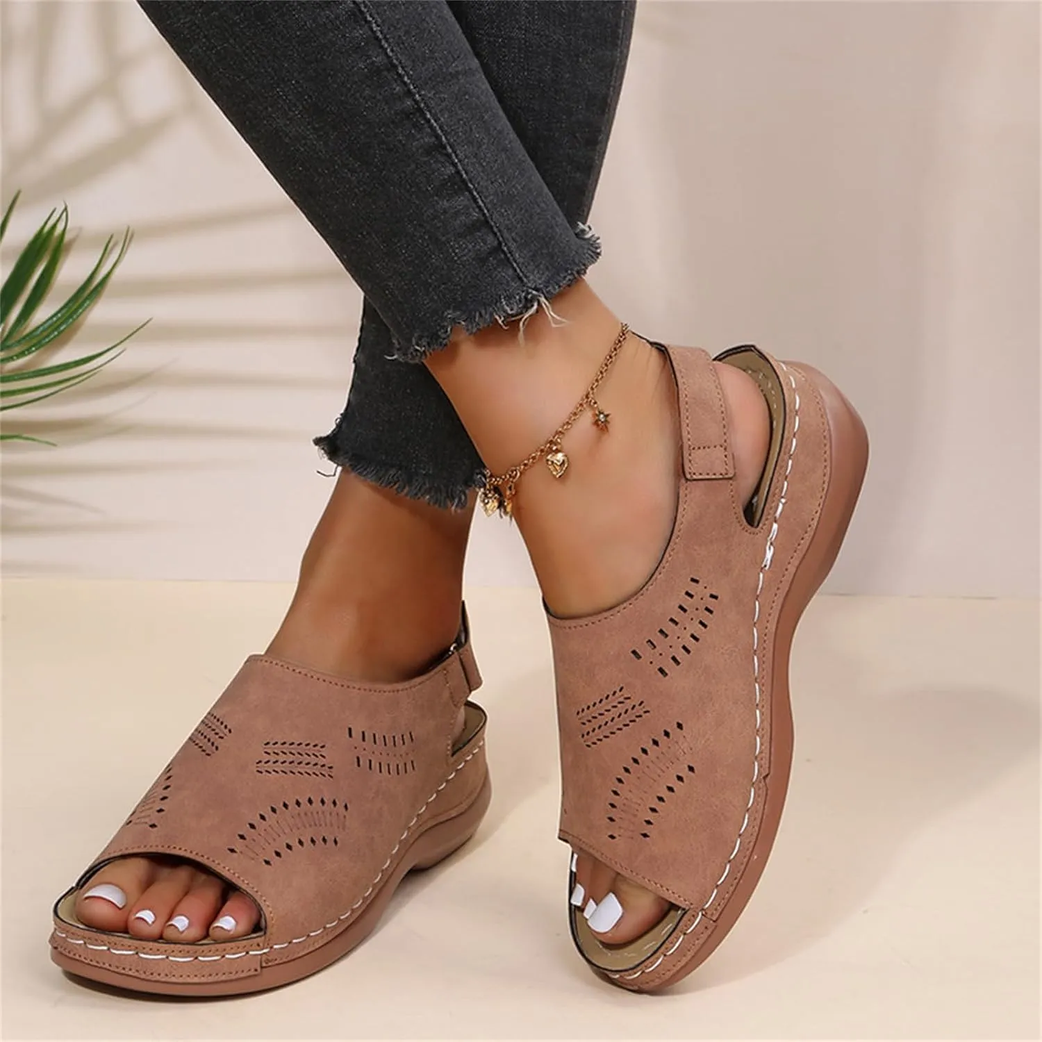 Womens Wedge Sandals Flower Low Heel Dressy Sandal Summer Ankle Strap Open Toe Hollow Buckle Wedges Platform Sandal Walking Casual Comfortable Flat Fishmouth Shoes with Adjustable Hook Loop