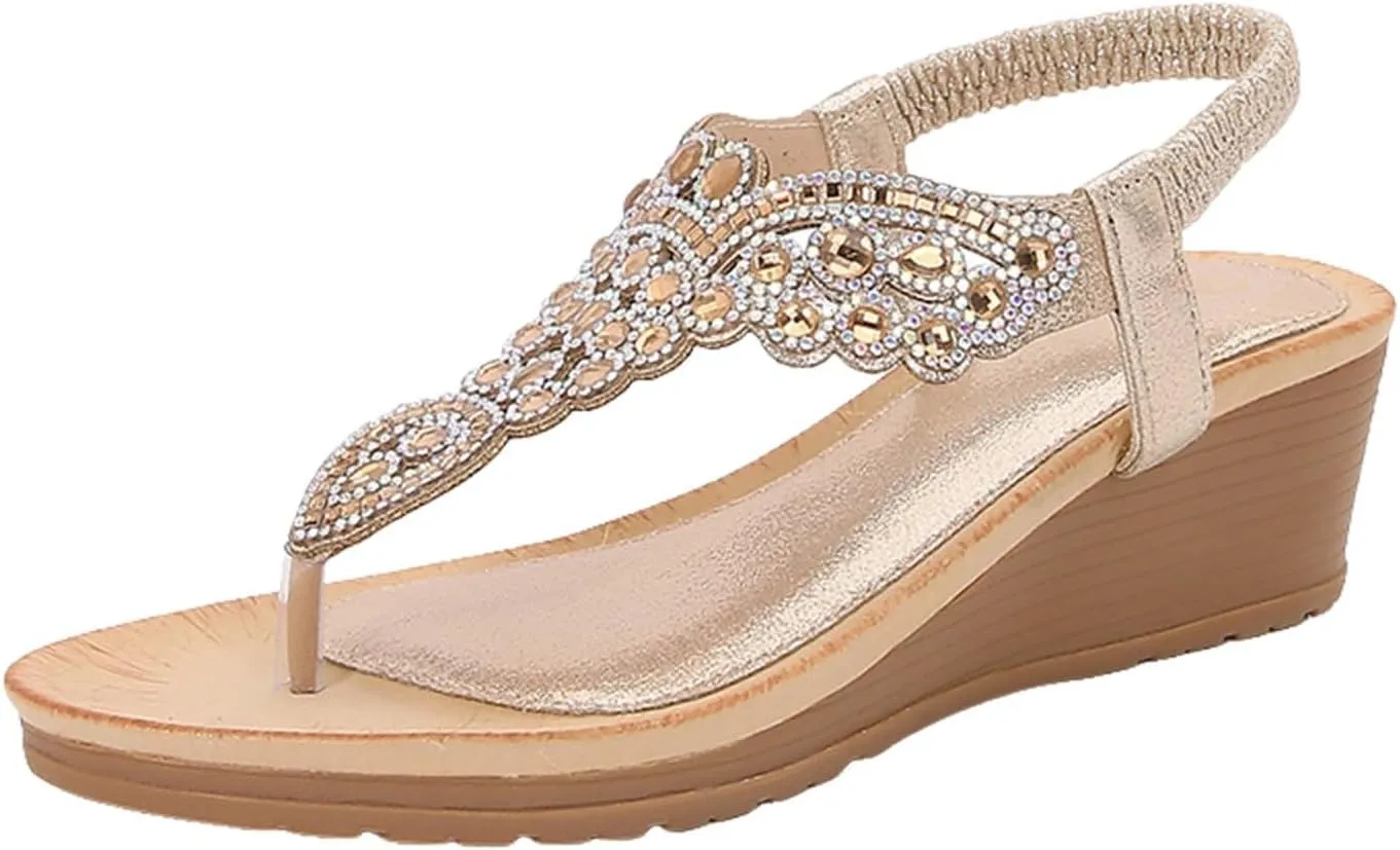 Women's Wedge Sandals with Buckle Ankle Strap for Dressy Summer Comfortable Casual Slingback Bohemian Arch Support Rhinestone Platform Low Wedges Sandal Comfort Beach Walking Flats Fashion Shoes