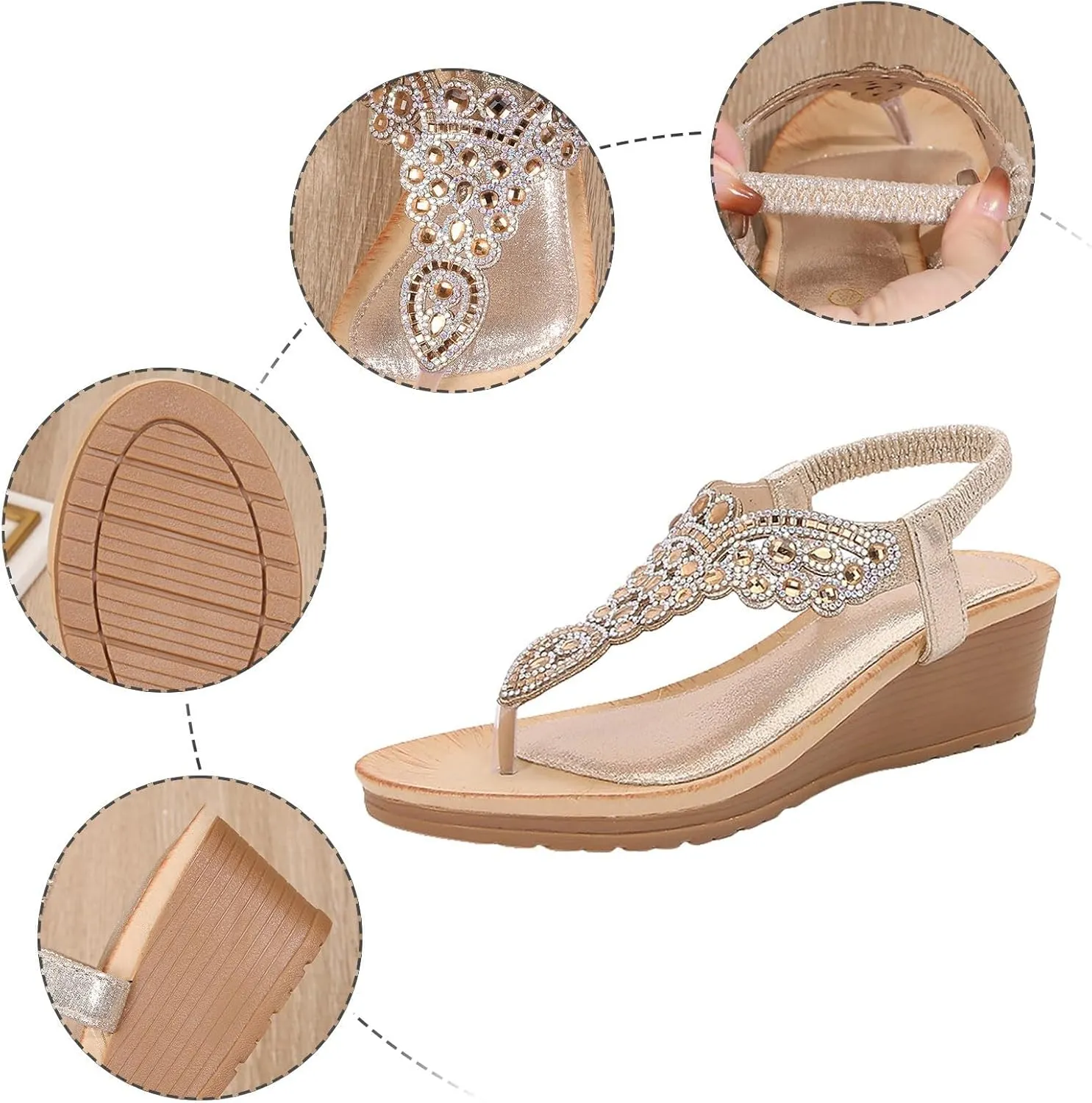 Women's Wedge Sandals with Buckle Ankle Strap for Dressy Summer Comfortable Casual Slingback Bohemian Arch Support Rhinestone Platform Low Wedges Sandal Comfort Beach Walking Flats Fashion Shoes