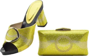 Women's Wide Heel African Shoe & Bag Set - Rhinestone Pumps & Clutch for Nigerian Weddings and Parties