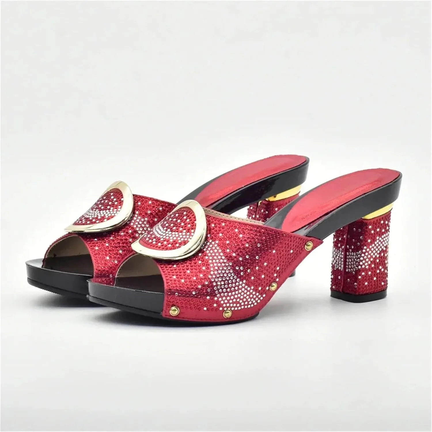 Women's Wide Heel African Shoe & Bag Set - Rhinestone Pumps & Clutch for Nigerian Weddings and Parties