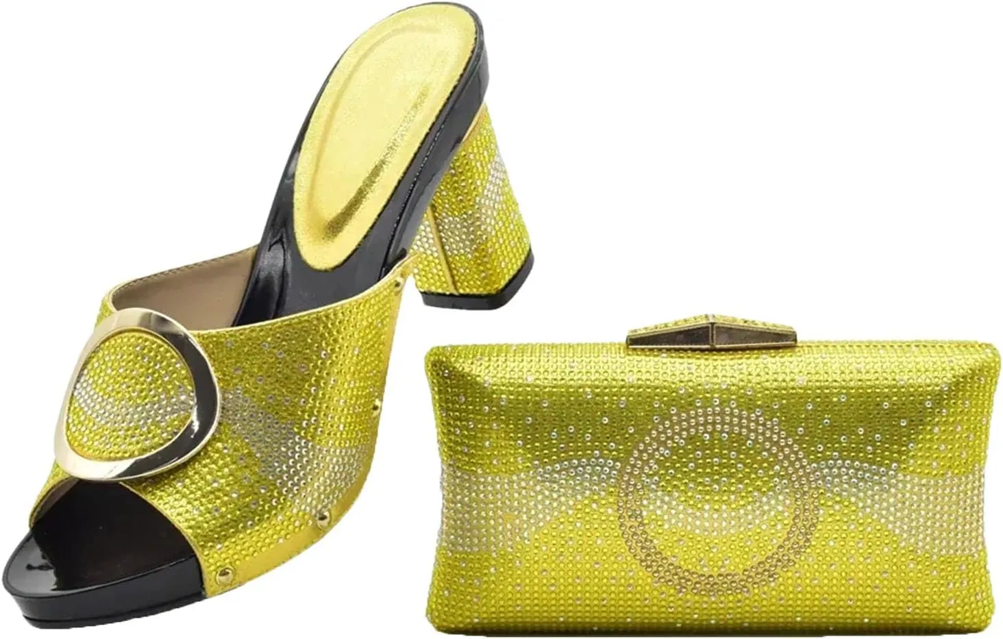 Women's Wide Heel African Shoe & Bag Set - Rhinestone Pumps & Clutch for Nigerian Weddings and Parties
