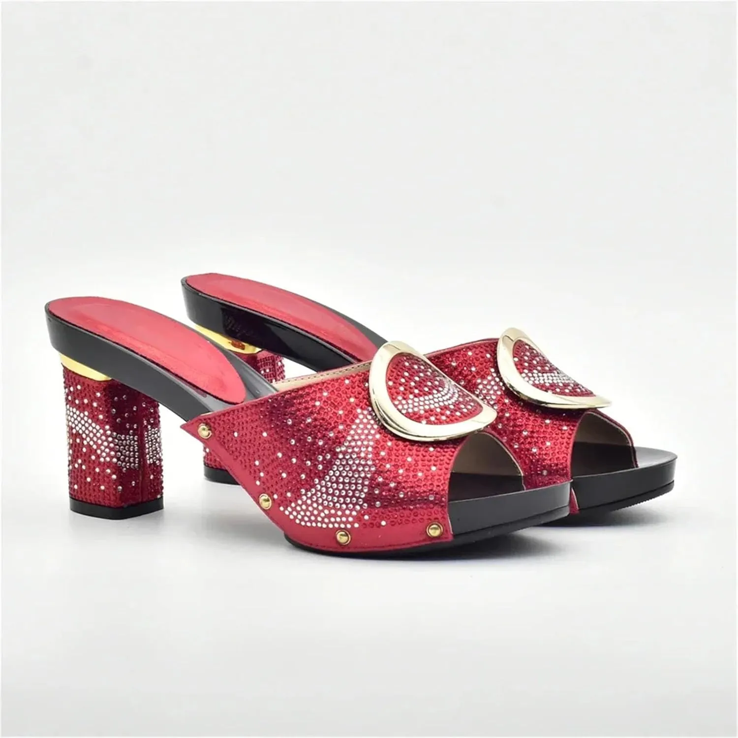 Women's Wide Heel African Shoe & Bag Set - Rhinestone Pumps & Clutch for Nigerian Weddings and Parties