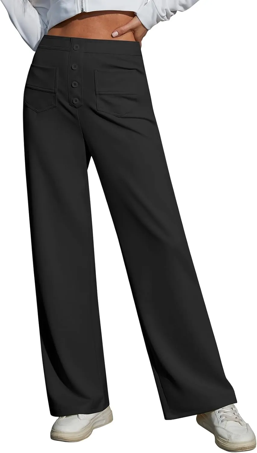 Womens Wide Leg Pants High Waisted Casual Pants for Women Stretchy Business Dress Work Pocket Trousers Pant, Black XL