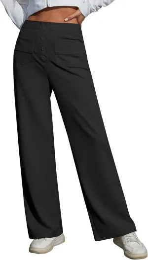 Womens Wide Leg Pants High Waisted Casual Pants for Women Stretchy Business Dress Work Pocket Trousers Pant, Black XL