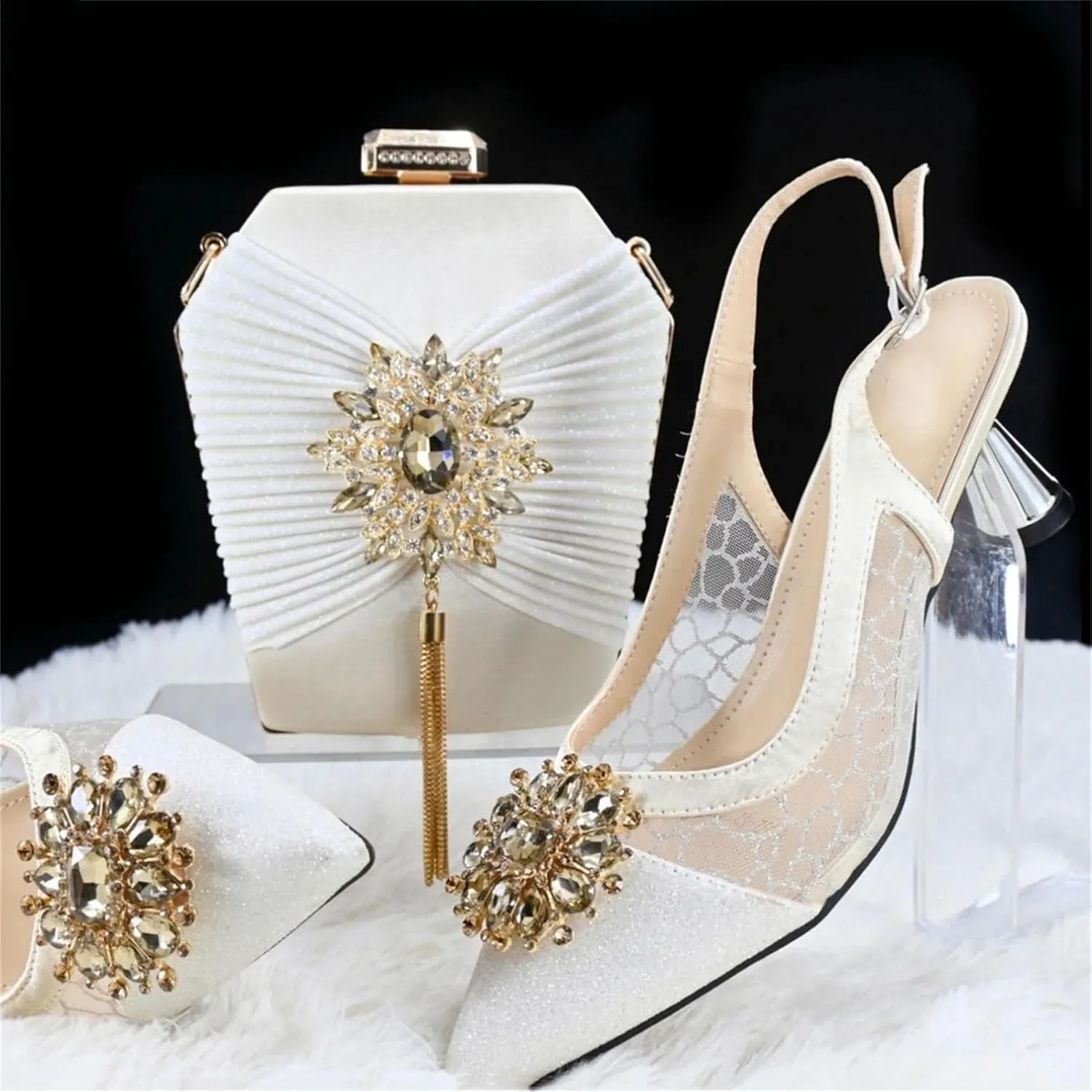 Women's Winter White Italian Low Heel Pumps & Clutch - Elegant Wedding Party Set