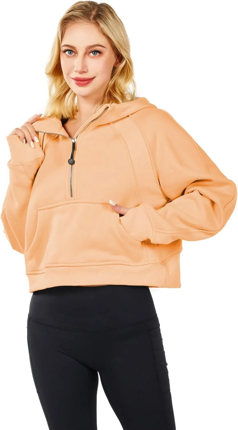 Workout Hoodies for Women Half Zip Fleece Lined Pullover Long Sleeve Crop Tops Sweater Thumb Hole